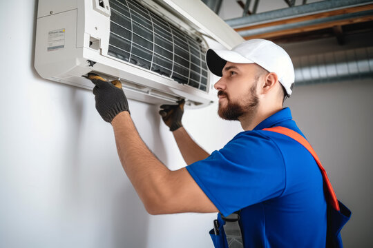 Air conditioning technician servicing a wall-mounted AC unit in Farmington, UT