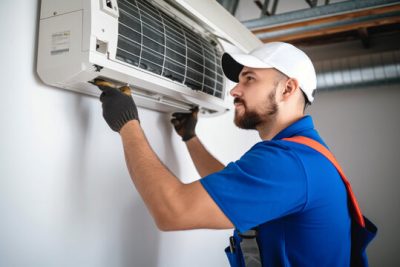 Air conditioning technician servicing a wall-mounted AC unit in Farmington, UT