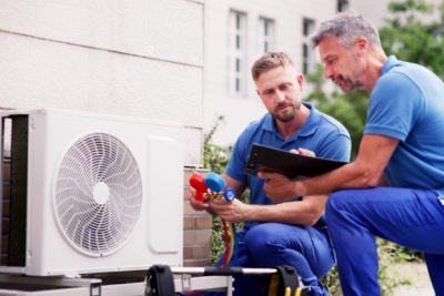 HVAC technicians reviewing an outdoor air conditioning unit in Farmington, UT
